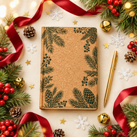 Carnet personnalisé A5 en papier de 80 feuilles, couverture rigide en liège vert et sapin, impression numérique, reliure cousue, cadeau d'entreprise pour Noël