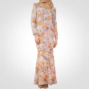 SIPO Eid Baju Raya malezya Muslimah Wanita kabarık omuz şifon baskılı çiçek yeni tasarım elbise Modern Baju kuku