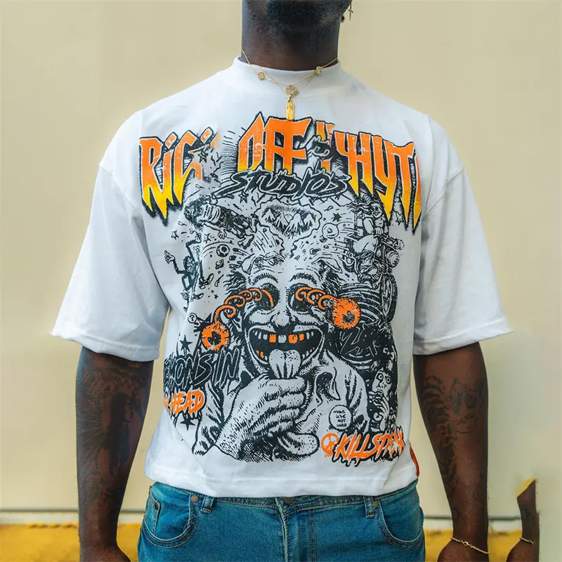 Fabricante personalizado gráfico camisetas hip hop camisetas vintage de gran tamaño para hombre de algodón gris lavado ácido DTG serigrafía camiseta