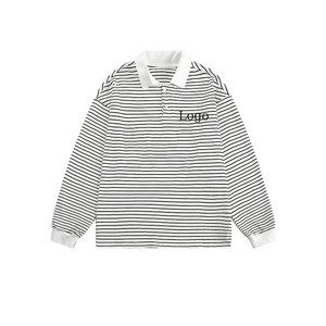 Clothing Supplier Custom Private Logo Silk Screen Printing Turn Down Collar Long Sleeve Stripe Polo Shirt