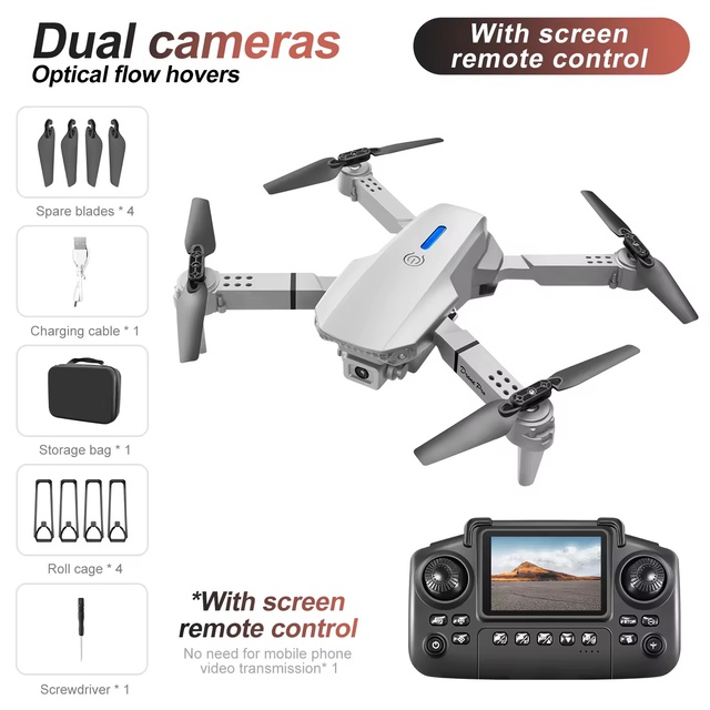 E88 Pro Max Foldable 4K Dual Camera RC Aircraft, Optical Flow Model with Screen Remote
