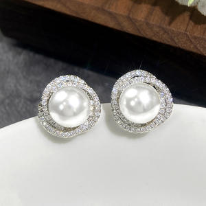 Pendientes de Perlas de Oro Blanco E2316, Diseño Clásico de Flor, Engaste en Bisel, Joyería de Moda para Mujer, para Bodas - Product Image 4