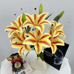 Bouquet de lys en soie réaliste 3D Queyiyi Flowers, 9 têtes, fleur artificielle pour mariage, décoration intérieure, accessoires de photographie - Product Image 2
