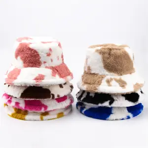 New 2024 Women Fur Bucket Hat Autumn Winter Warm Cow Print Plush Bucket Hats Wholesale