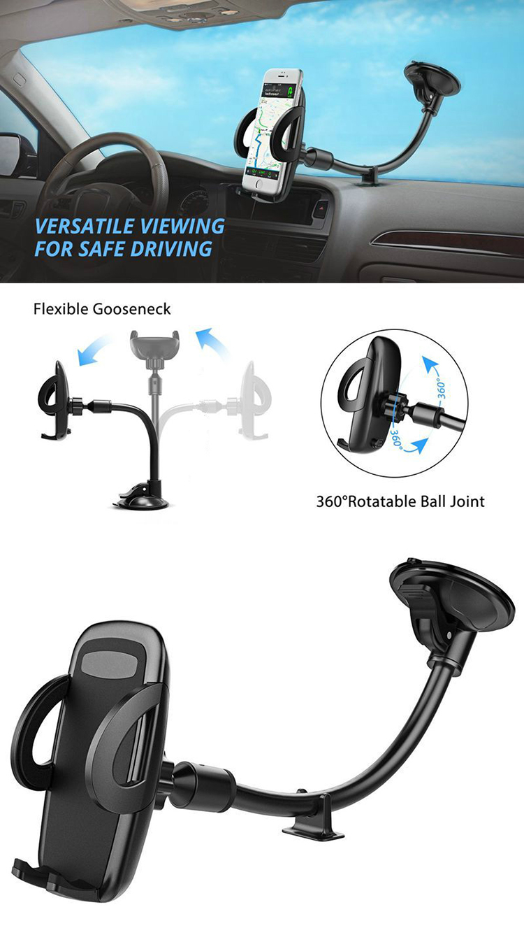 Long Arm Flexible Adjustable Universal Cradle Mobile Cell Phone Holder Stand for Car Windshield Mount