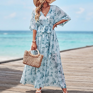 Vestido de Verano Bohemio para Mujer, Tejido, con Cordones, Cuello en V, Manga Media, Abertura Lateral, Corte en A, Cintura Alta, Ecológico, Transpirable, con Lazo en la Cintura, Ideal para Vacaciones - Product Image 3