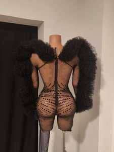 Mono de lujo negro con pedrería y malla elástica en 4 direcciones, mangas de tul con volantes, catsuit espectacular para espectáculos burlescos, showgirls y drag queens. - Product Image 4