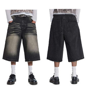 Pantalones Cortos de Mezclilla Negros Vintage Lavados Personalizados, Holgados, 100% Algodón, con Dobladillo Desgastado, para Hombre, Moda Urbana, Jeans Cortos Holgados - Product Image 1