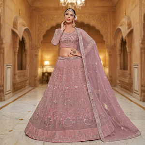 Conjunto de Lehenga Choli de Lujo en Color Rosa Cebolla con Lentejuelas y Bordado Zari, Manga Larga, Traje de Boda Indio-Pakistaní, Ghagra de 3 Piezas, Talla S - Product Image 1