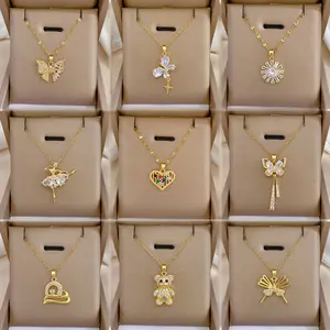 Statement Stainless Steel 18k Gold Zircon Heart Butterfly Pendant Necklace For Women Shiny Cz Flower Eyes Necklace Jewelry