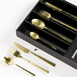 Organisateur de couverts en bambou moderne, finition laquée brillante, durable, 5 compartiments, <span class=keywords><strong>tiroir</strong></span> à couverts, rangement multifonction - Product Image 2