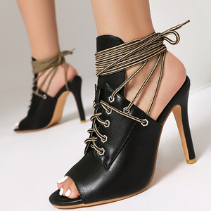 Sandales à talons aiguilles en jean pour femme, grande taille 48, à bout ouvert, à lacets sur le devant, avec découpe au dos, coupe large - Product Image 1