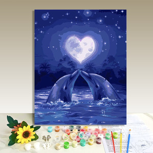 Paint by Numbers <b>Canvas</b> Art Kit Dolphins Heart Moon Night Seascape Rectangle Modern Handmade DIY Painting for Adults Kids - Product Image 1