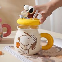 Mug à café en céramique mignon avec couvercle et paille, motif Snoopy, capacité 500 ml, idéal pour un cadeau