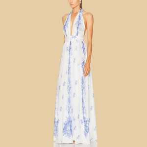 Tùy chỉnh Heavyweight linen vải hoàn toàn lót Halterneck Floral in tự nhiên eo ruffles HEM A-line maxi Casual Dresses - Product Image 2