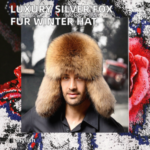 Sombrero de invierno de lujo para hombre Aviador de piel de zorro plateado clásico con orejeras Nuevo para actividades al aire libre - Product Image 2