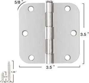 Satin Brushed Nickel Door Hardware Door Hinges 3.5 Inch 5/8"Radius Silver Hinges for Bedroom Kitchen Living Bath Room Hallway