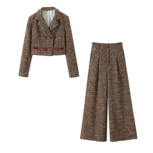 TAOP & ZA novo outono e inverno 2024 chique wide-leg calças soltas moda jaqueta curta tweed temperamento ladylike calças das mulheres terno