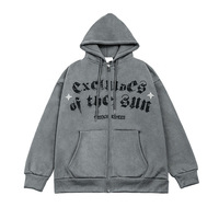 Sudadera con capucha para hombre, personalizada, con bordado 3D digital, ecológica, con forro cortavientos, de corte regular, estilo vintage, con efecto desgastado, con cremallera y lavado ácido.