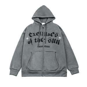 Custom 3D Embroidery Regular Fit Distressed Fleece Vintage Acid Washed <b>Zip</b>-up Winter Hoodie for Men - Product Image 3