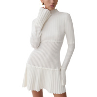 Groothandel op maat gemaakte logo ontwerp OEM zachte ivoor mock neck slim fit gebreide mini jurk pointelle viscose gebreide dames trui jurk