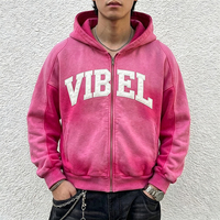 Sweat à capuche zippé pour homme délavé à l'acide, en molleton bouclette, avec patchs graphiques, en coton, à épaules tombantes, personnalisable pour fabricants de vêtements
