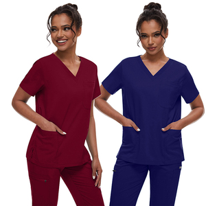 ชุดยูนิฟอร์มทางการแพทย์กางเกงขาบานเอวยางยืดแขนสั้นป้องกันริ้วรอยสีไวน์แดงฤดูใบไม้ผลิ - Product Image 1