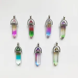 New colorful manmade gradient glass Hexagonal bullet shaped prism charm rainbow necklace pendant for jewelry making