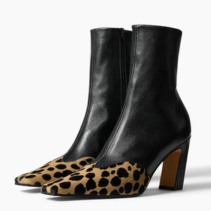 Women's High Chunky Heels Leopard Patchwork Short <b>Booties</b> Square Toe Side Zipper Ankle Boots Red Patent Mixed Color Shoes - Product Image 3