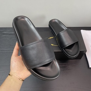 Black Genuine <b>Leather</b> men's Slides slippers luxury Designer fashion Rubber flat Sole Fashion Summer men's slide Slippers - Product Image 1