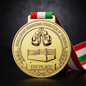 Médaille <span class=keywords><strong>de</strong></span> kickboxing personnalisée en alliage <span class=keywords><strong>de</strong></span> zinc, design <span class=keywords><strong>de</strong></span> <span class=keywords><strong>ring</strong></span> <span class=keywords><strong>de</strong></span> <span class=keywords><strong>boxe</strong></span> en relief 3D, drapeau du Tadjikistan, cordon, <span class=keywords><strong>prix</strong></span> du 1er rang du tournoi <span class=keywords><strong>de</strong></span> kickboxing - Product Image 1