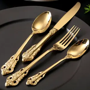 रॉयल गोल्ड भारी Flatware सेट उच्च गुणवत्ता चमकदार स्टेनलेस दाग कटलरी रेस्तरां शादी की विंटेज दबाया उभरा चाकू सेट