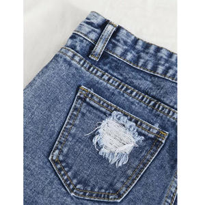 Pantaloncini da <span class=keywords><strong>donna</strong></span> in Denim strappati su misura blu <span class=keywords><strong>Jeans</strong></span> dritti larghi lavati con Logo orlo grezzo su pantaloni <span class=keywords><strong>corti</strong></span> in vita - Product Image 4