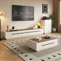Ensemble meuble TV et table basse en bois massif, style moderne minimaliste, couleur noyer, console sur pied pour salon, compatible téléviseurs 65 pouces