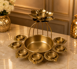 Handcrafted Brass Lotus Urli with 9 <b>Tealight</b> <b>Holders</b> and Lid Decorative Diya Bowl for Home Festive Christmas & Wedding Use - Product Image 4