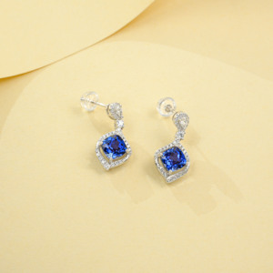 925 Sterling <b>Silver</b> Cushion Cut Lab Created Sapphire Drop <b>Earrings</b> with Halo CZ Accents - Product Image 2