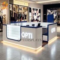 Kiosque d'opticien personnalisé avec miroir et sièges, présentoir à lunettes, stand de vente de lunettes de soleil pour centre commercial et grand magasin