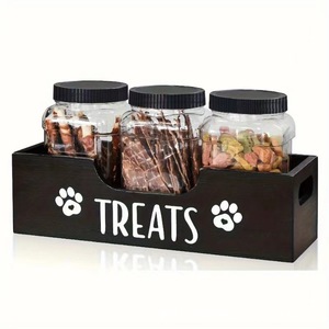 <b>Dog</b> <b>Treat</b> Storage Box With 3 Jars Wooden Desktop <b>Container</b> For Pet Food And Snacks Rectangular Handle Design Solid Color - Product Image 2