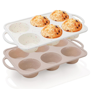 MUYULINS - Molde para Cupcakes de Silicona Grande, Color Beige, 6 Tazas, Antiadherente, Libre de BPA, con Marco Reforzado de Metal, Apto para Horno, Estilo Americano - Product Image 1