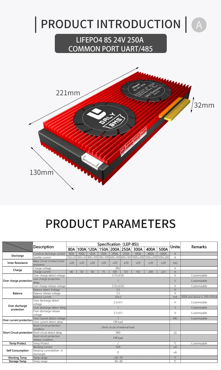 Daly smart bms 8S 250ah 24V 100A 150A 200A 250A 300A Lifepo4 lithium batteries pcb 250A 8s 24v bms with UART/485