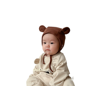 Bonnet <span class=keywords><strong>bébé</strong></span> unisexe couleur crème avec oreilles d'ours mignonnes, protection auditive, bonnet à nouer, uni teint - Product Image 1