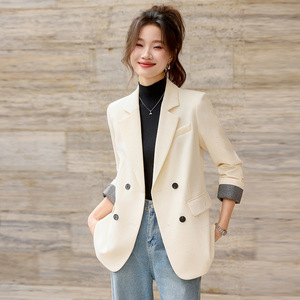 Women's Blazer Off White Solid Color Polyester Fabric Double Breasted Lapel Pocket Spring Autumn Wear - Product Image 1