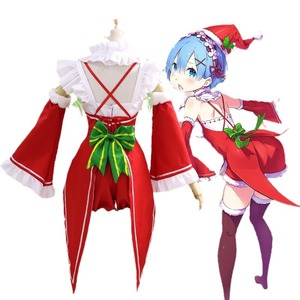 Re Zero Ram Rem Christmas Costume Cosplay Outfit Red Set With Socks And Garters For Anime Role Playing - Product Image 3