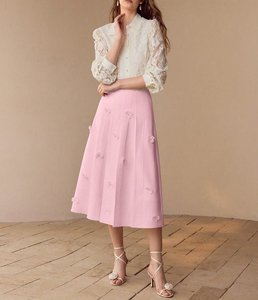 Falda Midi Plisada con Apliques Florales 3D en Rosa Pálido, Cintura Alta, Corte en A, Tela de Chifón, Elegante, para Invitadas de Boda, Fiestas, Uso Casual - Product Image 4
