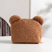 Trousse de Toilette de Voyage Personnalisée en Gros, Sac de Rangement Cosmétique en Peluche Douce Teddy pour Rouge à Lèvres, Trousse de Maquillage pour Femme avec Oreilles d'Ours