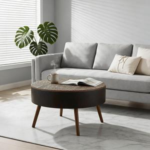 <b>Round</b> Coffee <b>Table</b> 31.5 Inch With Storage Engraved Top Beverage <b>Table</b> For <b>Small</b> Spaces - Product Image 2