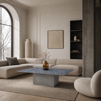 Table basse moderne en terrazzo gris foncé avec plateau moucheté, base en bloc de béton, mobilier minimaliste pour salon, personnalisable
