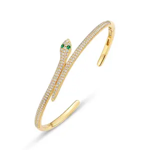 Stijlvolle 9K Vergulde 925 Sterling Zilver Groen Zirkoon Snake Bangle Voor Vriendin