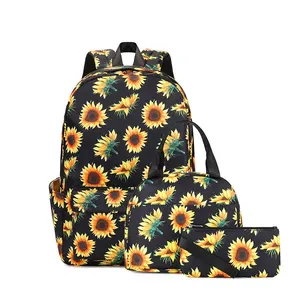 New Fashion Waterproof School Bags 3 PCS Set Girls' Flower Print Backpack and Lunch Pencil Bag with Laptop Backpack for School