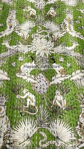 Handmade Green Printed Kantha <b>Quilt</b> Cotton <b>Bedspread</b> Queen Size Modern Home Decor - Product Image 6